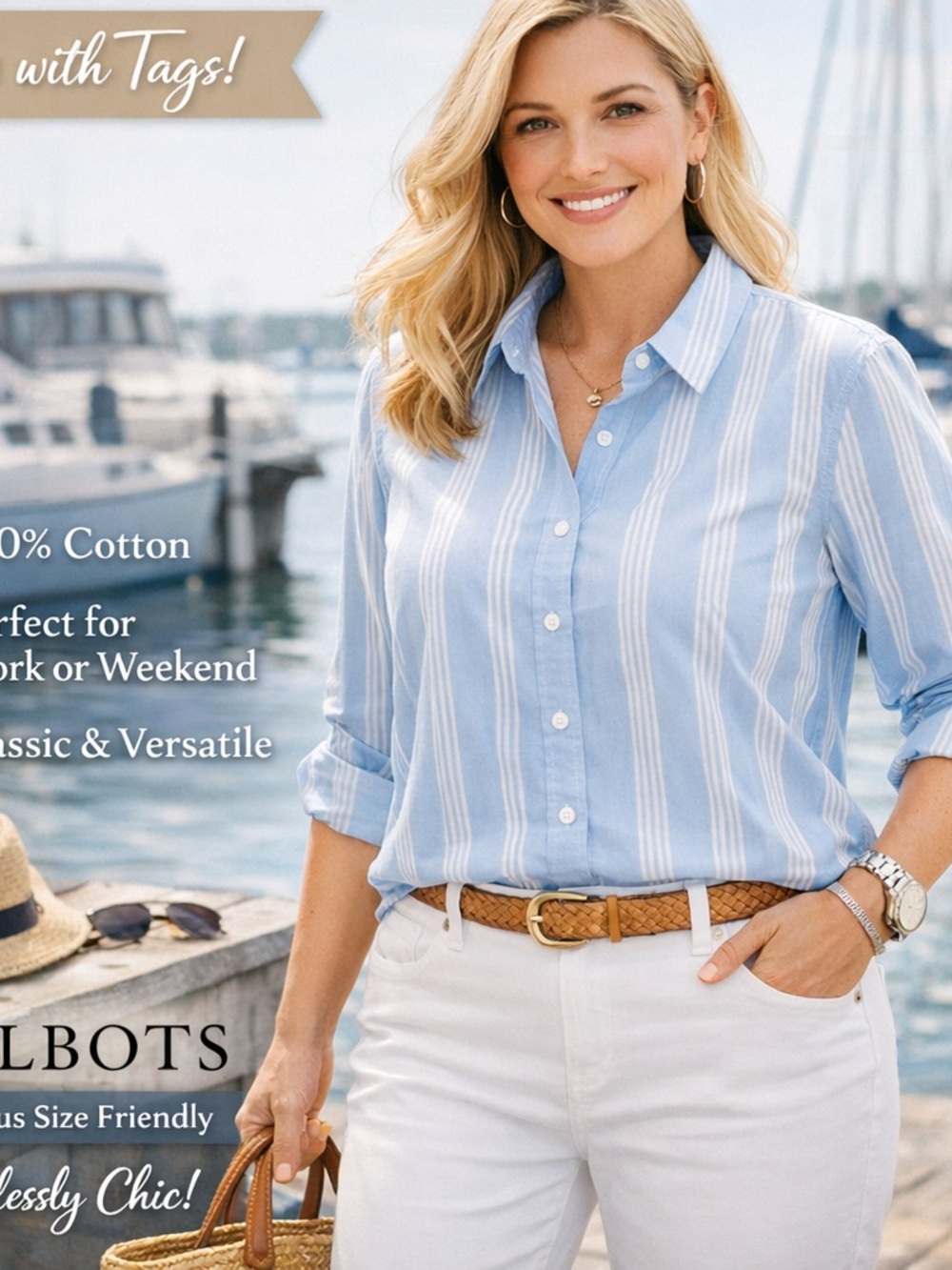 Talbots Blue & White Striped Button-Up Shirt XL NWT 100% Cotton